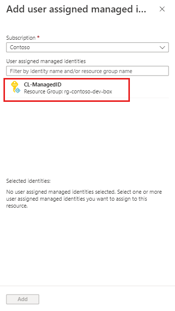 ユーザー割り当てマネージド ID を追加するためのウィンドウのスクリーンショット。