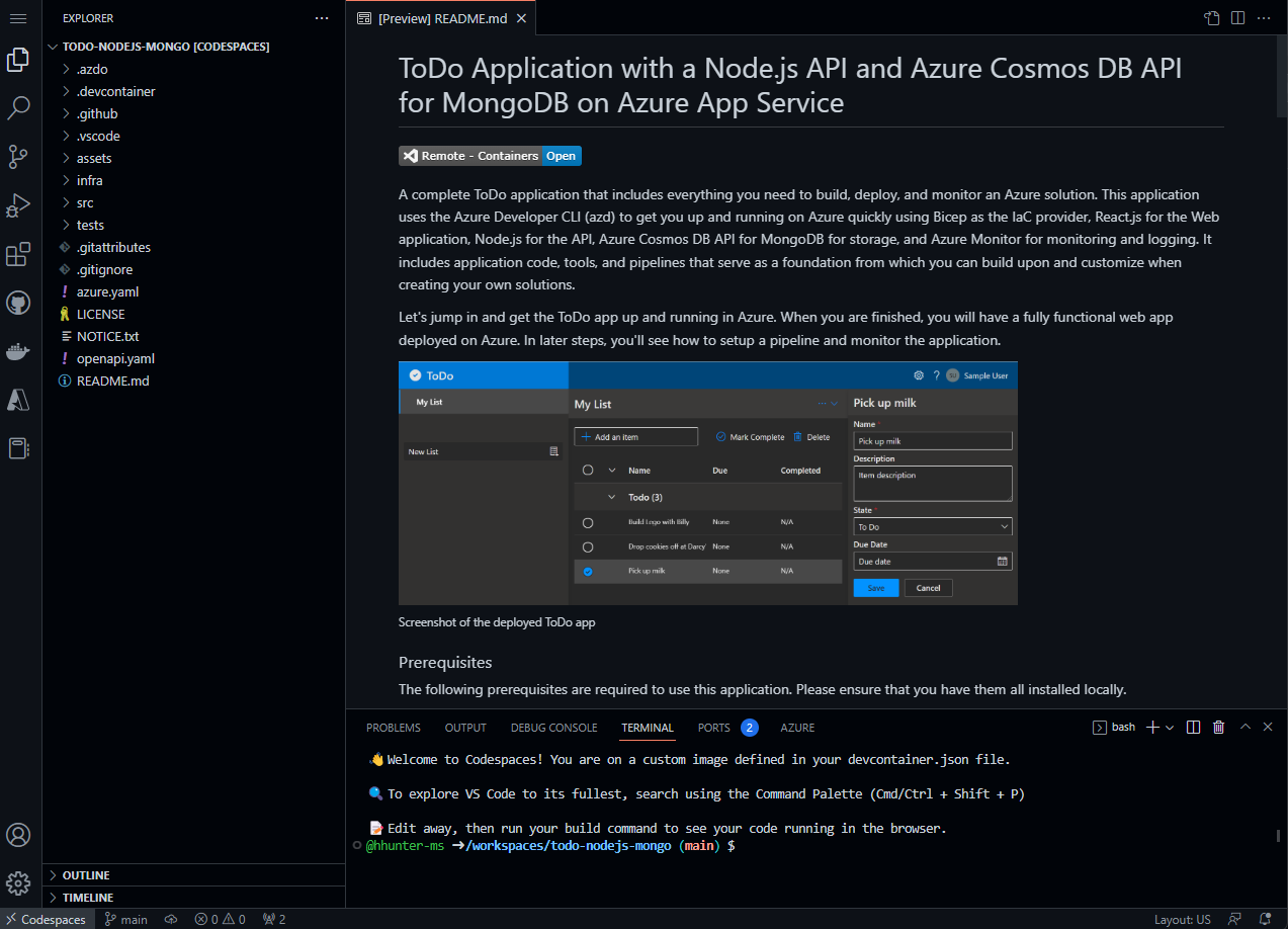 新しい Codespace が開始されるとどうなるかを示すスクリーンショット。