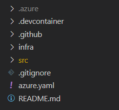 Azure Developer CLI テンプレートの構造を示すスクリーンショット。