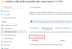 証明書とシークレット ページで新しいクライアント シークレットを作成するために使用するリンクの場所を示すスクリーンショット。