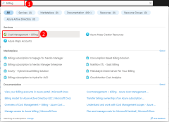 Azure portal の上部にある検索ボックスを使用してコスト管理と請求のページを見つける方法を示すスクリーンショット。