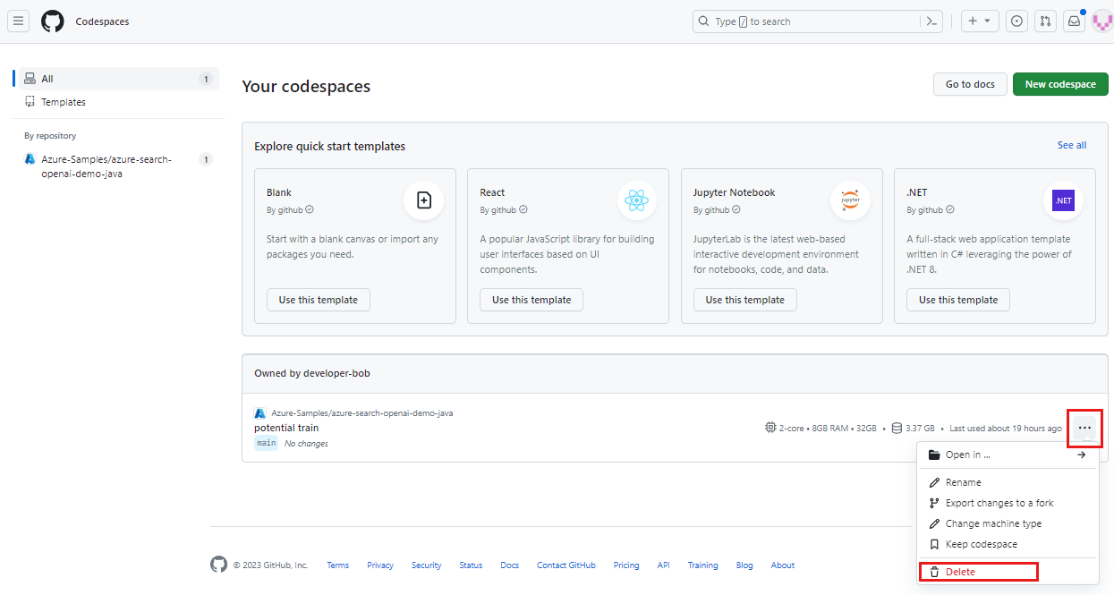 削除オプションがハイライトされた 1 つの codespace のコンテキスト メニューのスクリーンショット。