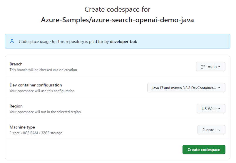 新しい codespace 作成前の構成画面のスクリーンショット。