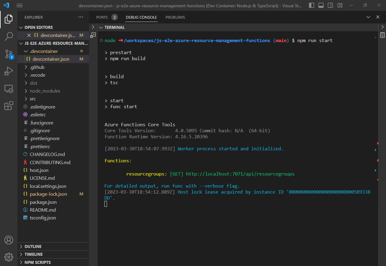 Azure 関数がローカルで実行されていて、関数アプリの API のローカル URL が表示されている、Visual Studio Code の統合 bash ターミナルの部分的なスクリーンショット。