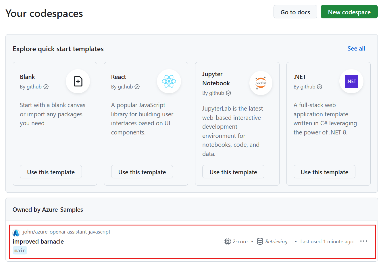 それぞれの状態およびテンプレートを含む実行中のすべての codespace のスクリーンショット。