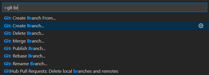 'git branch' の検索のスクリーンショットを撮り、[Git: Create Branch] を選択します。