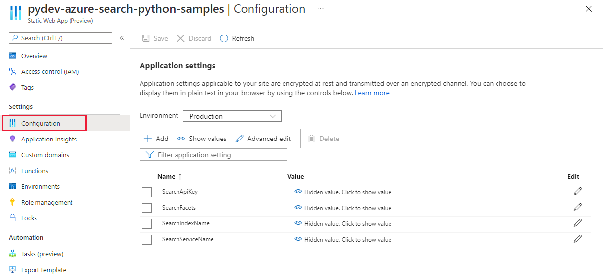 Azure portal: [設定] の下にある [構成] のスクリーンショット。