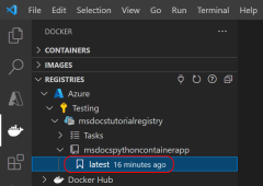 Visual Studio Code のスクリーンショット。Azure でコンテナーをビルドするための情報を確認する方法が示されています。