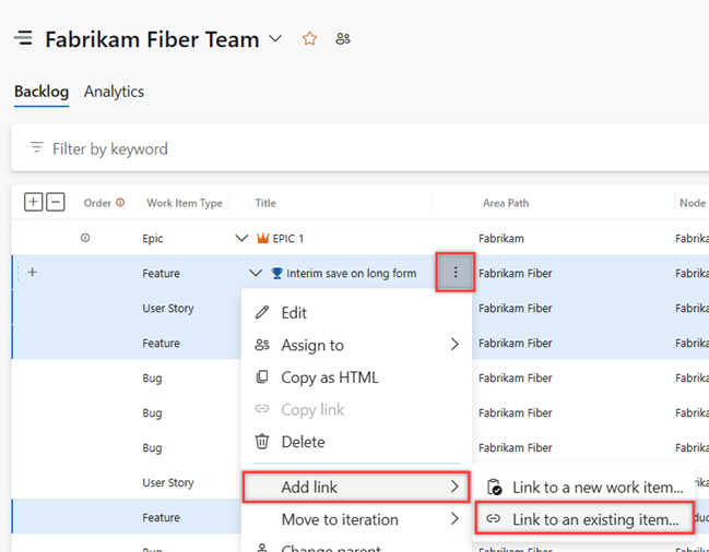 バックログのコンテキスト メニューのスクリーンショット、バックログでの項目を複数選択し、コンテキスト メニューを開き、既存作業項目に対する [リンクの追加] を選択します。
