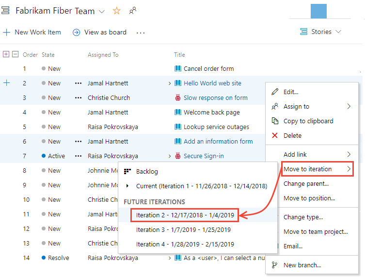 プロダクト バックログ コンテキスト メニューのスクリーンショット。ここでは、複数のバックログ項目を別のイテレーションに移動できます。
