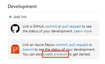 開発コントロールのスクリーンショット、[ブランチの作成] リンク。