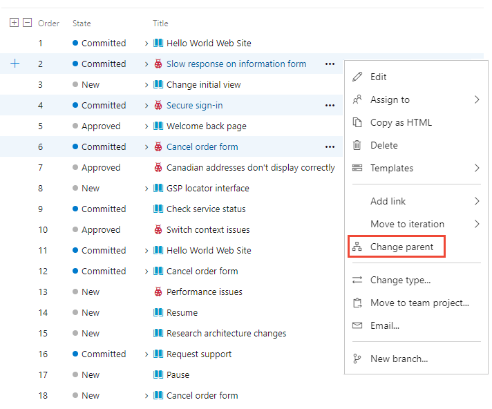 複数のバックログ項目の [親の変更] メニュー オプションを示すスクリーンショット (クラウド バージョン)。