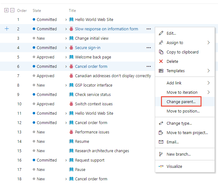 複数のバックログ項目の [親の変更] メニュー オプションを示すスクリーンショット。