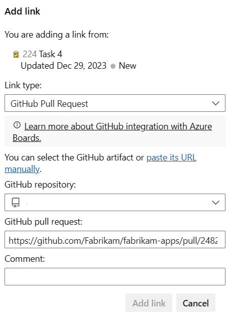 作業項目フォーム、[リンク] タブ、[リンクの追加] ダイアログで、GitHub pull request のリンクの種類が選ばれているスクリーンショット。