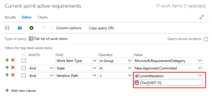 Team パラメーターで CurrentIteration マクロを使用したクエリ フィルターを示すスクリーンショット。