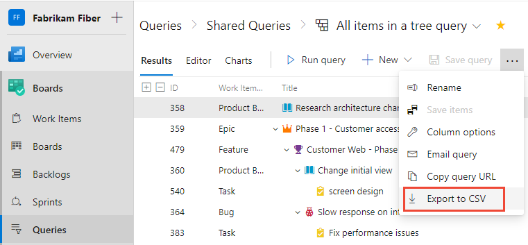 クエリを CSV としてエクスポートする方法を示すスクリーンショット。