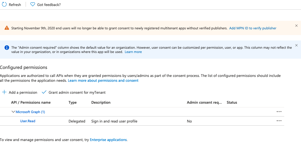 アプリケーションの選択と API アクセス許可への移動を示すスクリーンショット。