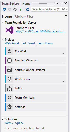 Team Foundation バージョン管理 (TFVC) をソース管理として使用するチーム エクスプローラーのホーム ページ