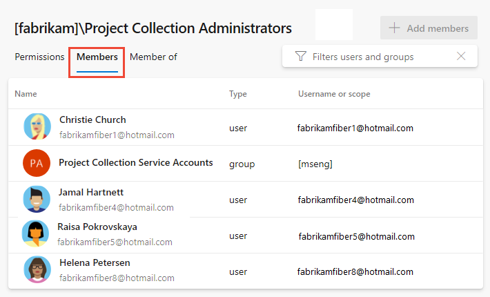 スクリーンショットは、[プロジェクト コレクション管理者の権限] グループの [メンバー] タブを示しています。