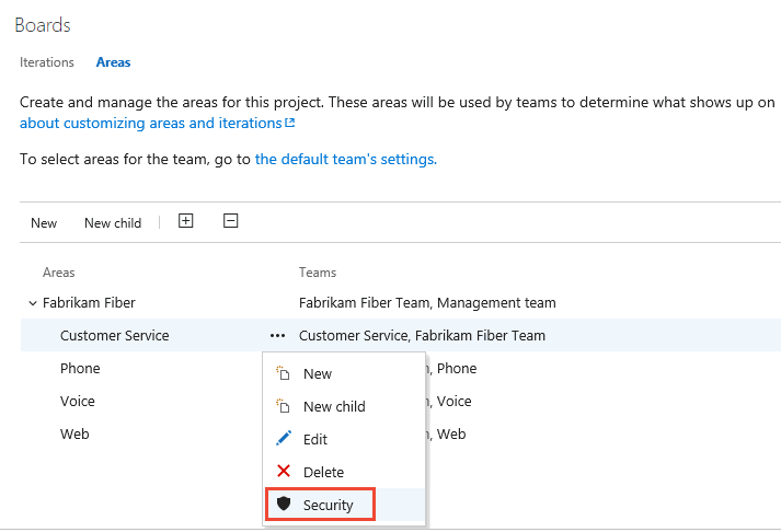 [エリア パス] のコンテキスト メニューのスクリーンショット。[セキュリティ]、[Azure DevOps Server 2020] の順に選択します。