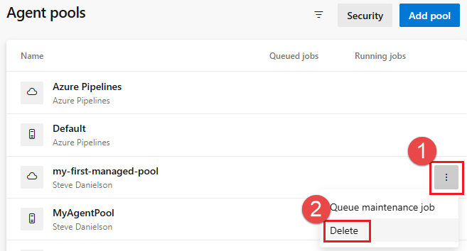 エージェント プールの削除のスクリーンショット。