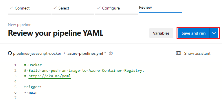 新しい YAML パイプラインの [保存して実行] ボタンを示すスクリーンショット。