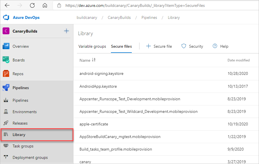 Azure Pipelines アセット ライブラリのスクリーンショット。