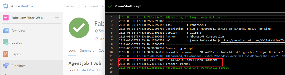 ビルドの概要の PowerShell スクリプト ログ