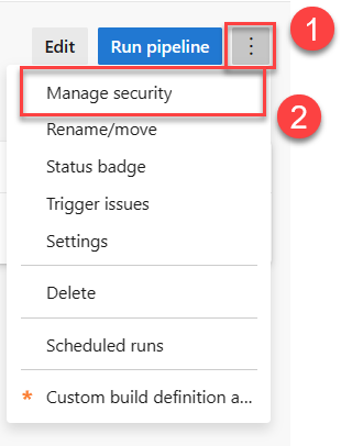 パイプラインの [その他のアクション] メニューから選択したセキュリティ オプションを示すスクリーンショット。