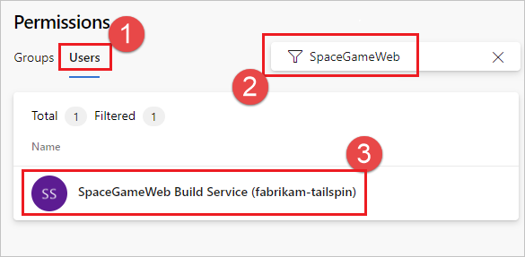 SpaceGameWeb プロジェクト スコープのビルド ID ユーザーを選択したスクリーンショット。