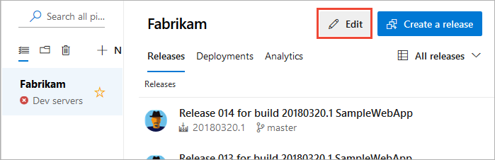 リリース パイプラインの [編集] ボタンを示すスクリーン ショット。