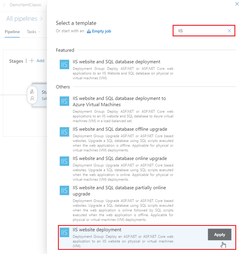 IIS Web サイト デプロイ テンプレートの追加方法を示すスクリーンショット。