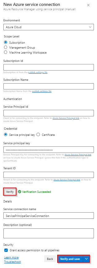 サービス プリンシパルを使用して新しい Azure Resource Manager サービス接続を作成する方法を示すスクリーンショット。