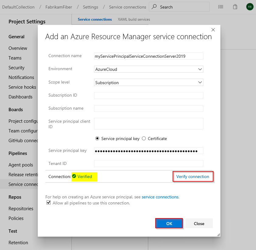 Azure DevOps Server 2019 でサービス プリンシパルを使用して新しい ARM サービス接続を作成する方法を示すスクリーンショット。