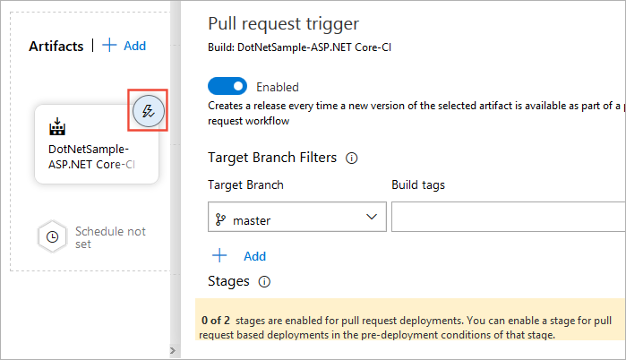 リリース パイプラインで pull request トリガーを構成する方法を示すスクリーンショット。