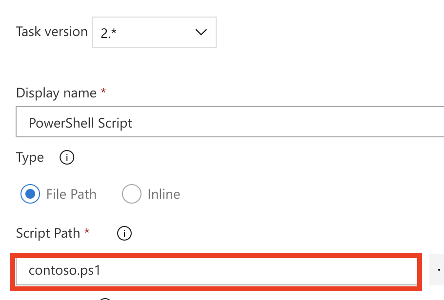 PowerShell タスクのスクリプト パス設定のスクリーンショット。