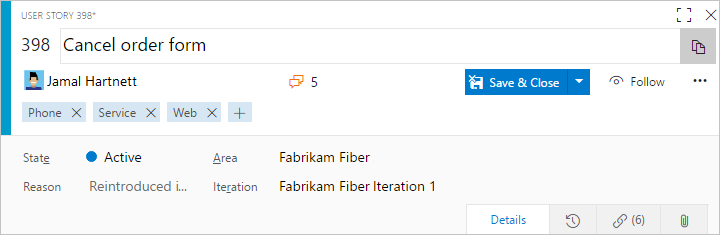 作業項目 Web フォーム内のヘッダー要素のスクリーンショット。