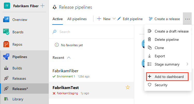 ダッシュボードへのリリース パイプライン グラフの追加のスクリーンショット。