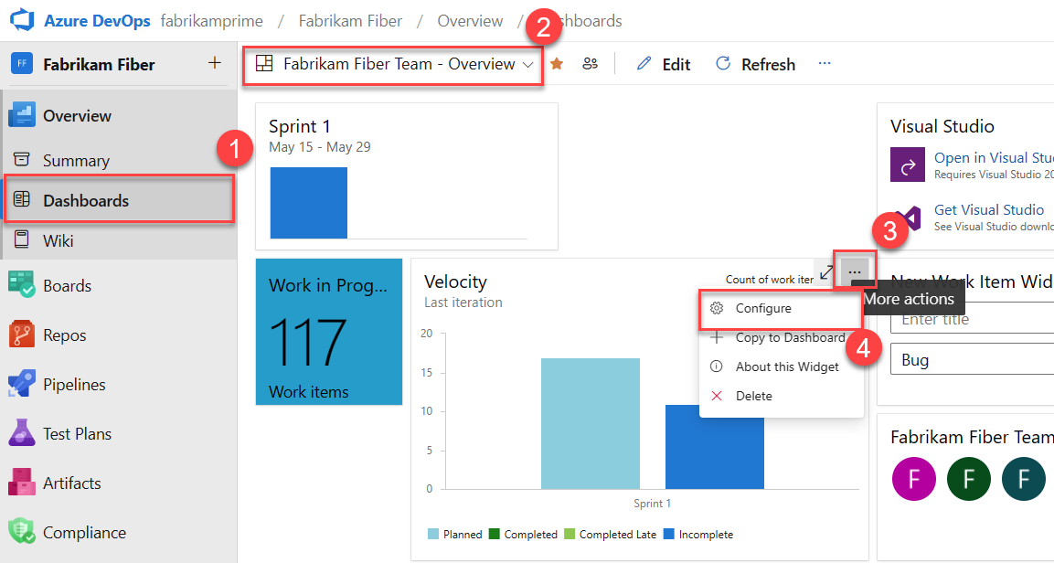 Velocity ダッシュボードを構成するために強調表示されたボタンのシーケンスを示すスクリーンショット。