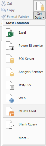 Power BI OData フィード コマンドを示すスクリーンショット。