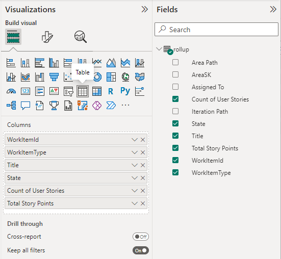 ロールアップ テーブル レポートの Power BI の [視覚化] と [フィールド] の選択のスクリーンショット。