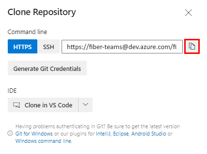 Azure DevOps プロジェクト サイトからの [リポジトリのクローン] ポップアップのスクリーンショット。