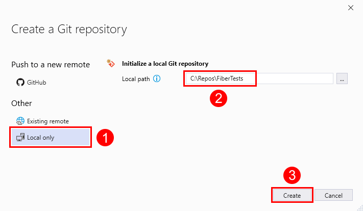 Visual Studio 2019 で [ローカルのみ] オプションが選択されている [Git リポジトリの作成] ウィンドウのスクリーンショット。