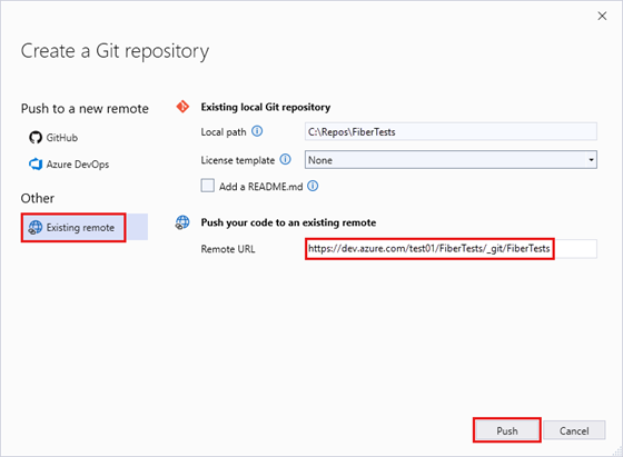 Visual Studio 2022 で空の Azure リポジトリの URL が表示されている [Git リポジトリの作成] ウィンドウのスクリーンショット。