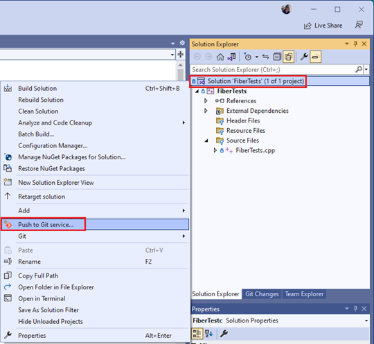 Visual Studio 2022 のコンテキスト メニューの [Git サービスにプッシュする] オプションのスクリーンショット。