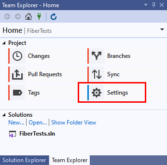 チーム エクスプローラーの [ホーム] ビューの [設定] オプションのスクリーンショット。