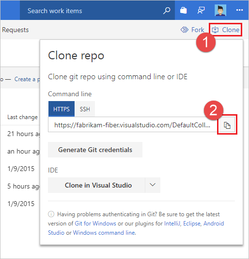 Azure Repos での Git リポジトリのクローン URL の検出