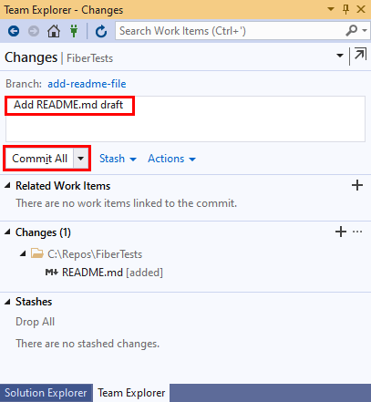 Visual Studio 2019 でのコミット メッセージ テキストと [すべてコミット] ボタンのスクリーンショット。