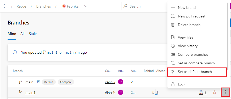 [既定のブランチとして設定] を示すスクリーンショット。