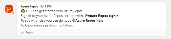 Teams の Azure Repos からのウェルカム メッセージのスクリーンショット。